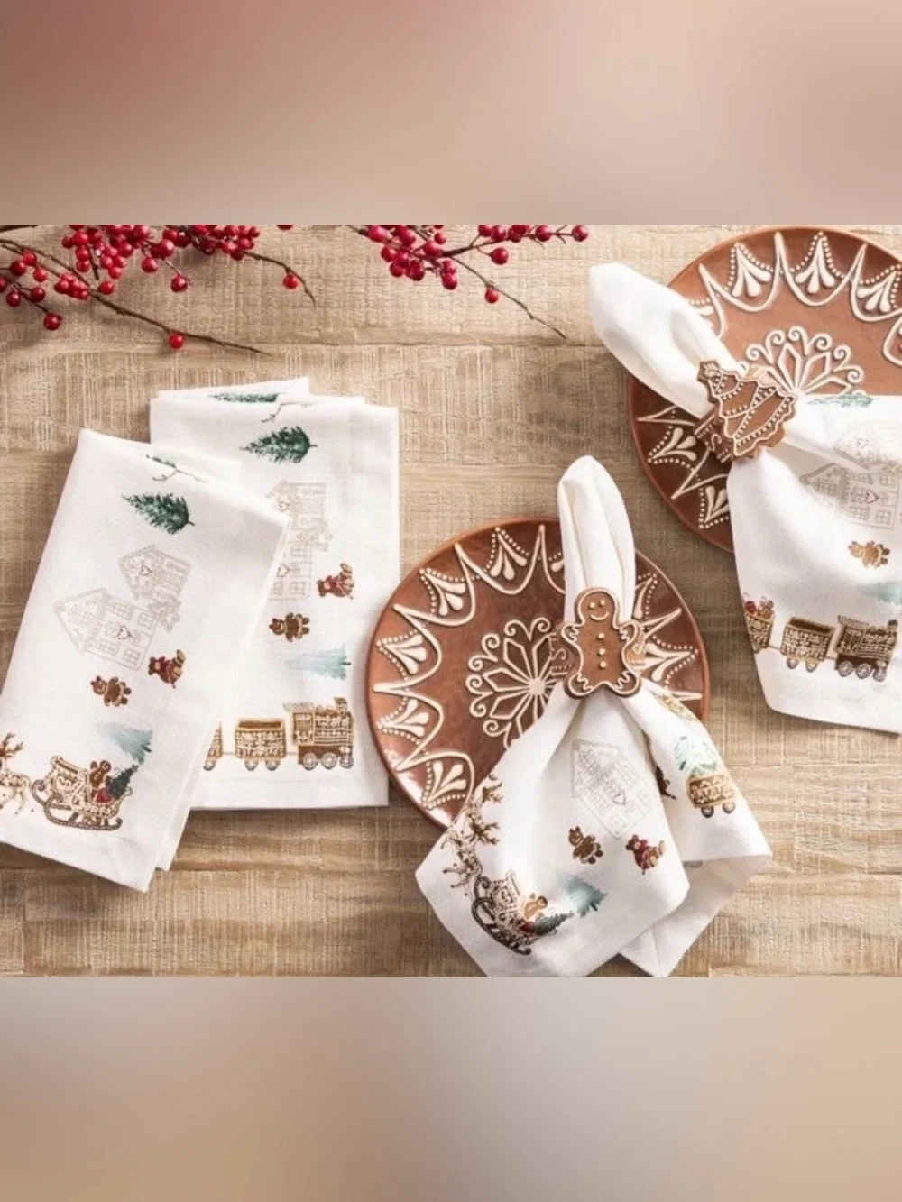 Pottery Barn Gingerbread Train Cotton Napkins ( Set Of 4 )
